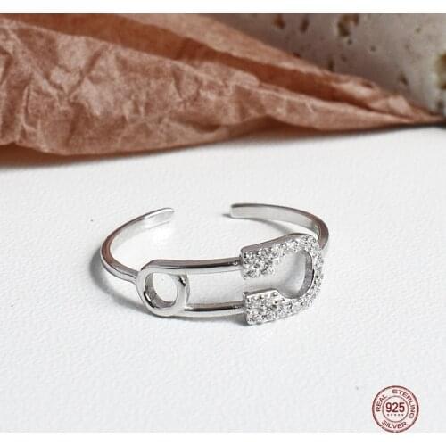 LKO Fashion Personality Pin Paper Clip Rings Opening Adjustable 925 Sterling Silver Ring for Cool Girls Ornaments Jewellery