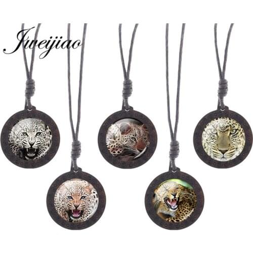 JWEIJIAO New Arrival Animal leopard Wooden Charm Necklace Round Glass Cabochon Pendant Choker Statement Collier Jewelry A01