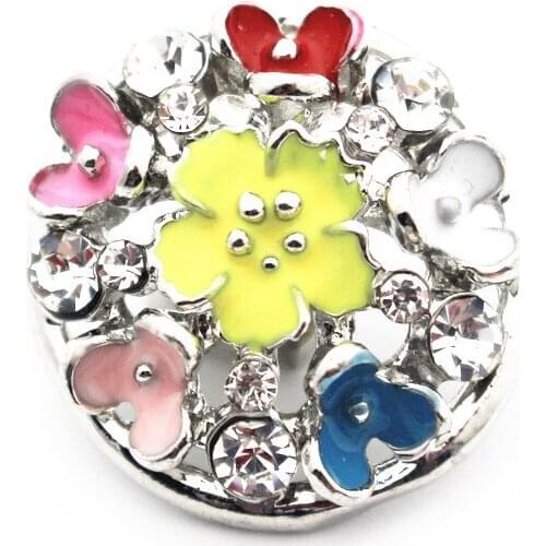 New Style 10pcs/lot Metal Enamel Silver Flower Crystal Snap Buttons Fit 18mm/20mm DIY Snap Bracelet Necklace Jewelry