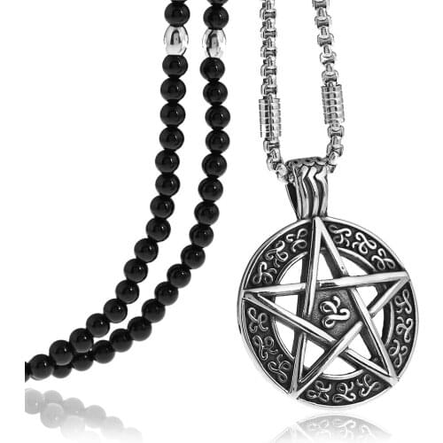Star Pentagram Pentacle Pagan Wiccan Witch Gothic Pendant Necklace with Black Natural Stone Beaded Necklace 27inches