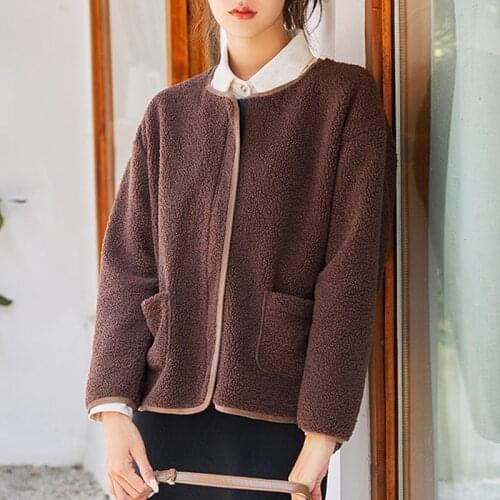 Women Lamb Wool Faux Fur Coats Autumn Winter O Neck Long Sleeve Warm Zipper Jacket Overcoat Casual Loose Pocket Outerwear Female