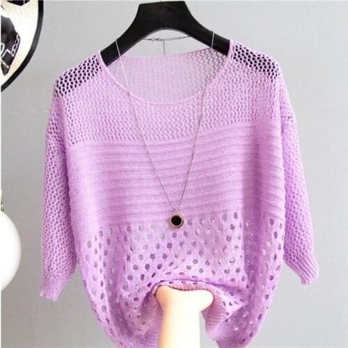 Spring And Summer New Pullover Womens Solid Color Thin Section Hollow Five-Point Sleeve Sweater Fashion Loose Top With Pendant