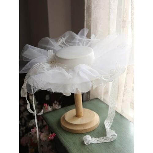 White Multi-layers Gauze Mesh Wedding Hat Large Satin Bride Hat Vintage Ribbon Fascinator Headwear Cocktail Church Hat Headdress