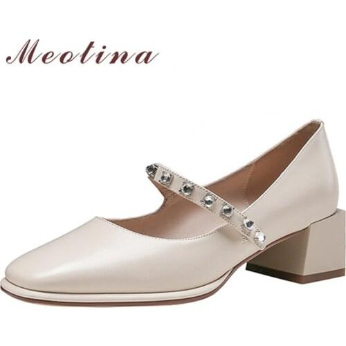 Meotina Med Heels Genuine Leather Mary Janes Shoes Women Crystal Thick Heel Pumps Square Toe Shoes Female Footwear Brown Size 40