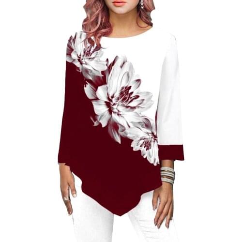 T shirt Women Fashion Long Sleeve Crew-neck Shirt Women Print T-shirt Hem Tunic Casual Nine points sleeve Top