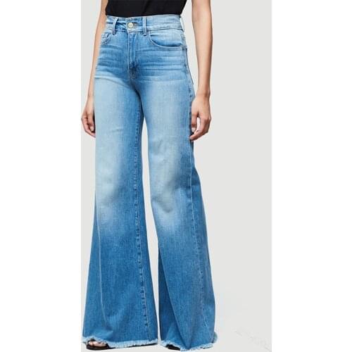 Summer Women Retro Style High Waist Wide Leg Jeans Pocket Flared Trousers Wide Leg Pants Loose Cowboy Solid Denim Pants
