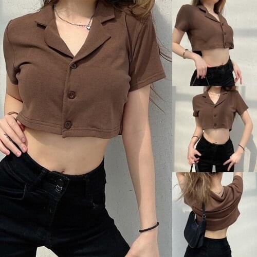 Womens Short Cropped Cardigan Lapel Short Sleeve Top Womens Short Shirt Brown