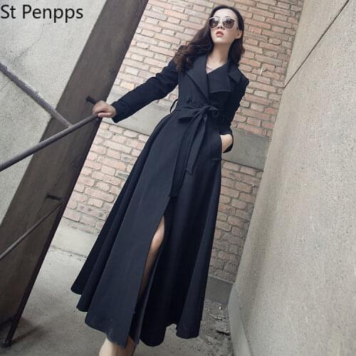 Women Fashion Comfortable Loose A-line Trench Coat Professional Temperament Outdoor Warm Belt Long Coat