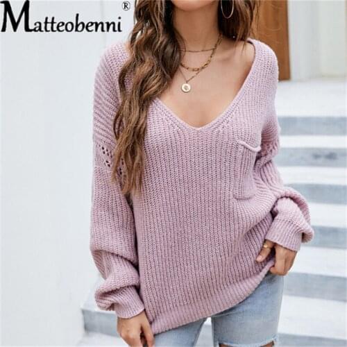 Womens Oversize Casual Loose Sweater Knitted Autumn Winter V Neck Pink Pocket Pullover 2021 Ladies Long Sleeve Warm Sweaters