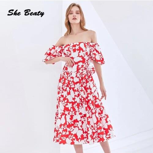 She Beaty 2021 Summer Dress For Women Sexy Slash Neck Off-Shoulder Floral Print Vintage Vacation Beach Chic Clothes Midi Dresses