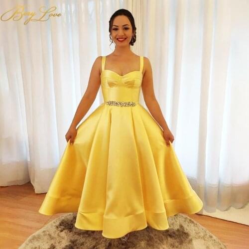 BeryLove A line Yellow Evening Dress Simple Satin Spaghetti Straps Prom Dress Pleated High Waist Formal Gown Sashes Party Dress