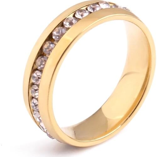 Gold Color Stainless Steel Crystal Channel Ring Size 6 7 8 9 Wedding Rings Statement Rings women