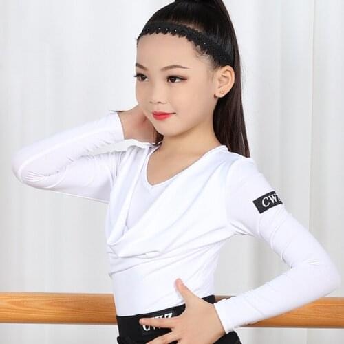 Kids Latin Dance Tops Girls New Leotard Long Sleeves White Black Tops Cha Cha Latin Show Costume Samba Practice Clothes BL5151