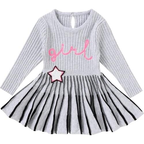 2021 0-18M Cute Kids Baby Girls Dress Spring Fall Letter Embroidery Stars Print Striped Long Sleeve Knit Pleated Dress Sweater