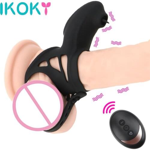 IKOKY Tongue Lick Clitoris Vibrators Delay Ejaculation Cock Ring Vibrator 10 Speeds Adult Toys Vibrating Penis Rings