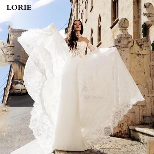 LORIE Boho Lace Wedding Dress Long Sleeve Bride Dresses High Neck Vestidos de novia With Detachable Train Beach Bridal Gowns