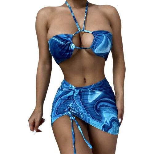 Tie Dye Wave Three Piece Beach Swimsuit Women Swimwear Sets Female Halter Neck Bikini Tops Panties Package Hip Skirt for Summer