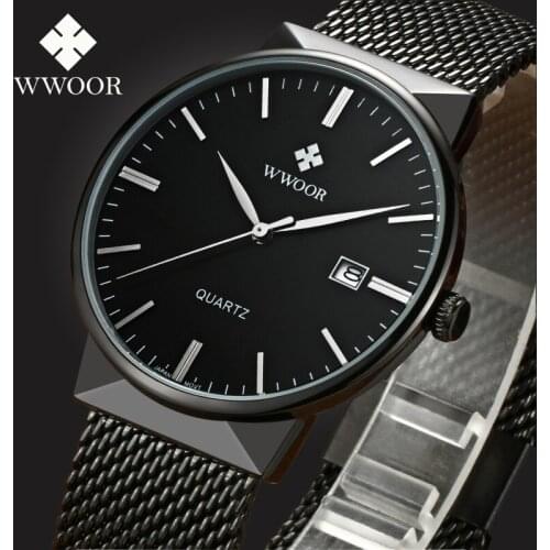 Top Brand WWOOR Men Stainess Steel Business Black Watches Mens Quartz Sports Wrist Watch Male Casual Clock Relogio Masculino