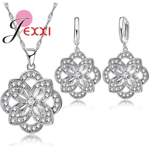 Hot Selling Charm Shiny CZ Flower Pendant Necklace Earrings 925 Sterling Silver Shine Cubic Zirconia Jewelry Set Christmas Gift