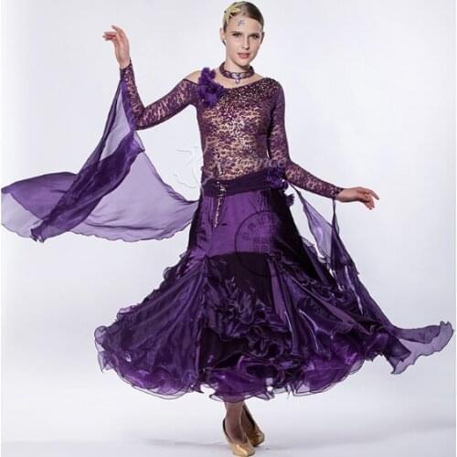 Customize purple lace Fox trot cha cha ballroom Waltz tango salsa Quick step competition dance dress