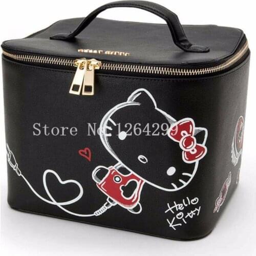 New Fashion KT Girls Kids Big Black PU Cosmetic Bags Cases with Mirror For Children