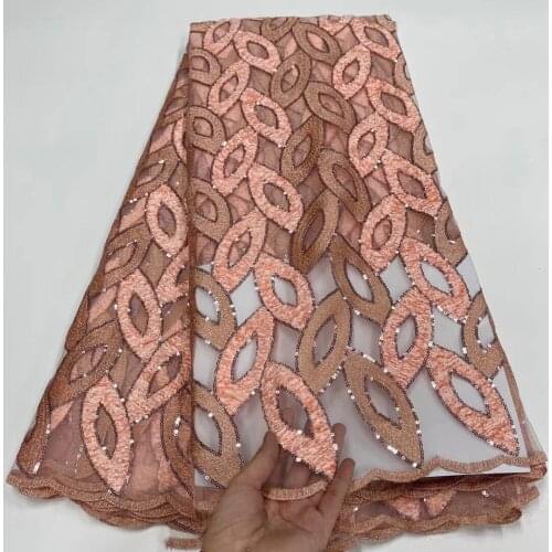 Peach French Net Lace Fabric With Sequins 2021 African Tulle Material Embroidery Mesh Cloth Nigerian Dentelle Africaine JN17