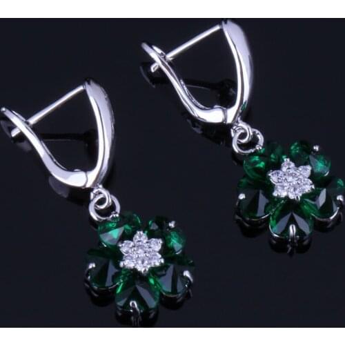 Attractive Flower Green Cubic Zirconia White CZ Silver Plated Drop Dangle Earrings V0768
