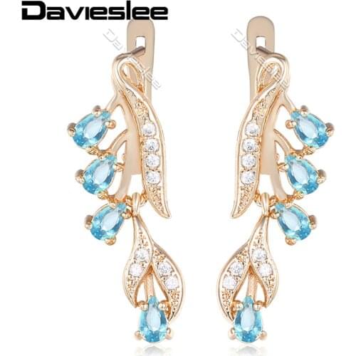 Davieslee Womens Drop Earrings CZ Leaf Teardrop Olivine 585 Rose Gold Dangling Earrings For Woman Jewelry Gifts Wholesale LGEM17