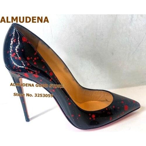 ALMUDENA Black Red Colorized Mirror Leather High Heels Printed Pointy Toe Dress Shoes Stiletto Heels Banquet Pumps 12cm 10cm 8cm