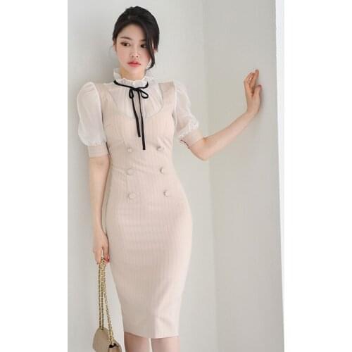 Women Elegant Work Wear Dress Striped Patchwork Puff Sleeve Button Lady Fashion Classy Modest Vestidos