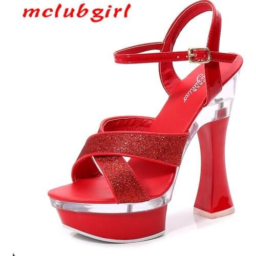 Mclubgirl 2020 Women Sexy Sandals Transparent Super High Heel Thick Heel Summer Waterproof Platform Water Drill Sexy Sandal LFD