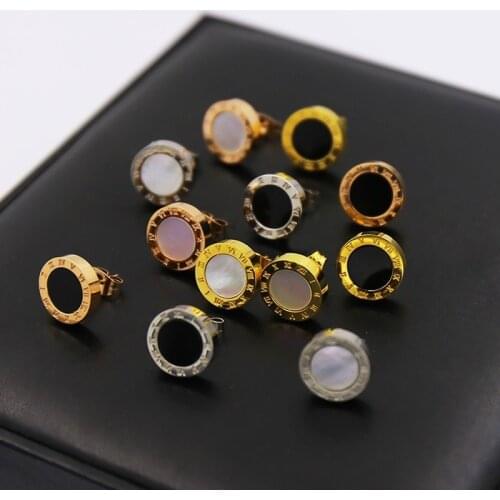 1.2cm Round Shell Pearl Agate Stud Earring Rose Gold Plated Titanium Steel Roma Number Earring for Women Party Wedding Jewelry