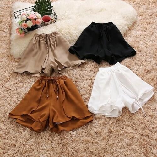 2018 summer new female lace up bow chiffon trousers womens High-waist shorts women solid color wide leg shorts