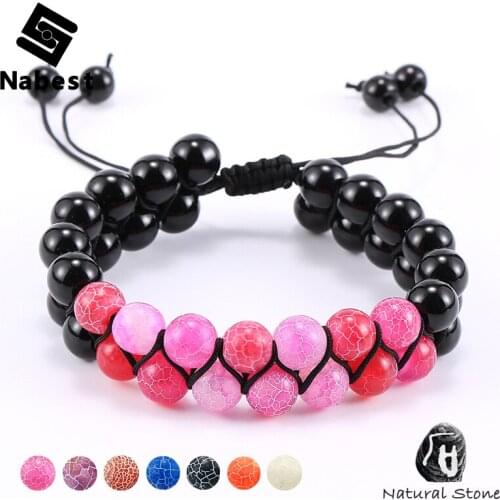 Women Natural Stone Weathering Onyx 8mm Beads Bracelet Purple Rose Red Agates 2 Layers Braided Adjustable Knot Fashion Jewelry