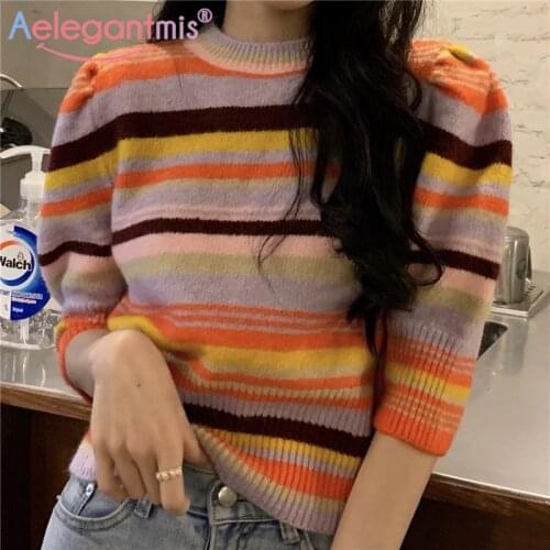 Aelegantmis Short Sleeve Rainbow Sweaters Pullover 2021 Spring Slim Basis Retro Stripes Femlae Knit Elasticity Knitted Tops Cozy