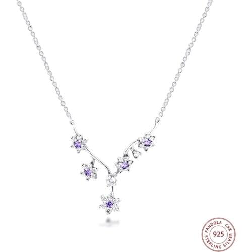 Forget Me Not Necklace 925 Sterling Silver Purple & Clear CZ Chain Pendant Necklaces for Women Fine Jewelry collier femme argent
