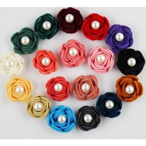 Handmade 3cm woolen Rosettes Flower with pearl center DIY Decor Appliques Craft Girls Hair Accessories 100pcs
