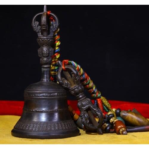 7"Tibet Buddhism Temple Old Bronze Old rattle Pendant Dorje Vajra Phurba Exorcism Ward off evil spirits Buddha bell Bells