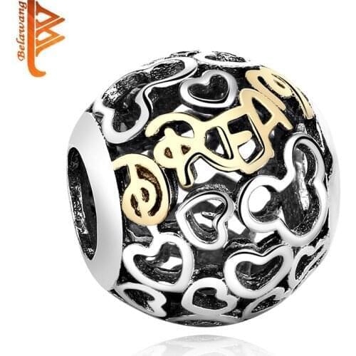 Authentic 100% 925 Sterling Silver & Gold Two Tone Openwork Heart Charm Fit Original Women Bracelet DIY Making Jewelry