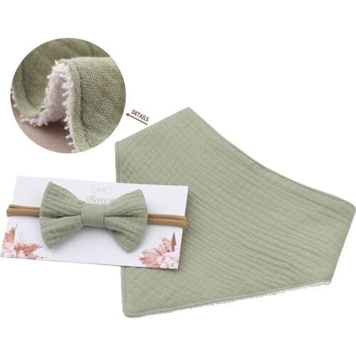 Princess Bowknot Hair Band Bib Kit Pure Cotton Solid Color Baby Girls Elastic Bow Headband Saliva Towel Set