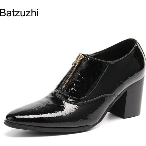 Batzuzhi 7.5cm High Heels Black Mens Shoes Pointed Toe Zip Genuine Leather Ankle Boots Men for Business/Party and Wedding
