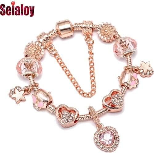 Seialoy Fashion Rose Gold heart Charm Bracelets For Women Original Pink Crystal Star Bunny Beaded Bracelet Girl New Jewelry Gift