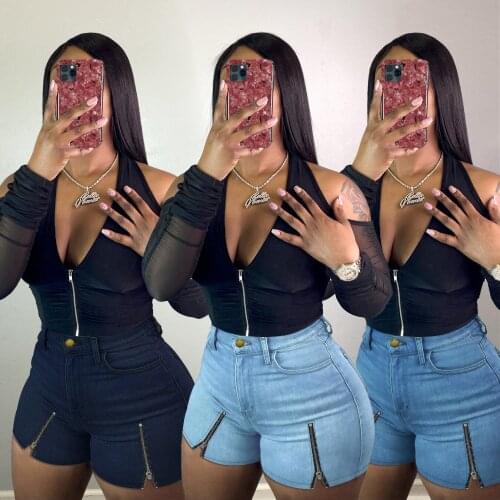 Cool Girls Short Jeans 2021 Summer Fashion Zipper Patchwork With Buttons High Waist Casual Lady Short Jeans Street Wear 3 Colors