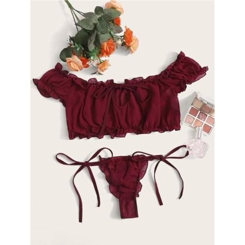 Lady Sexy Sweet Lingerie Sets Women Off Shoulder See Through Tulle Crop Tops+Lace Up Thong Panties Underwear Nightwear Sleepwear