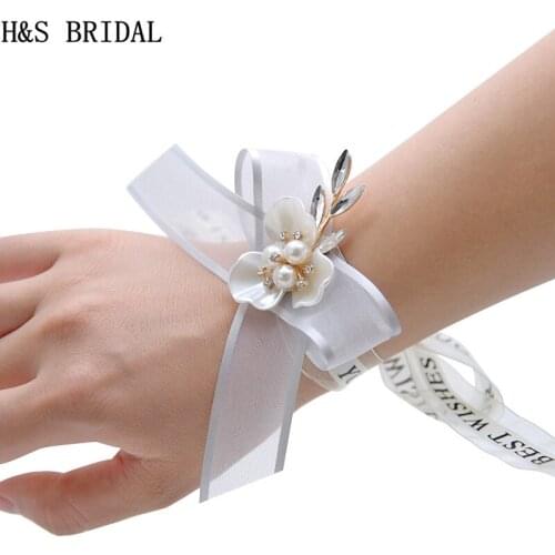 Slik Ribbon Wrist Corsage Bridesmaid Sisters Hand flowers Crysta Brooch Artificial Wrist Flowers For Wedding Dancing Party Decor