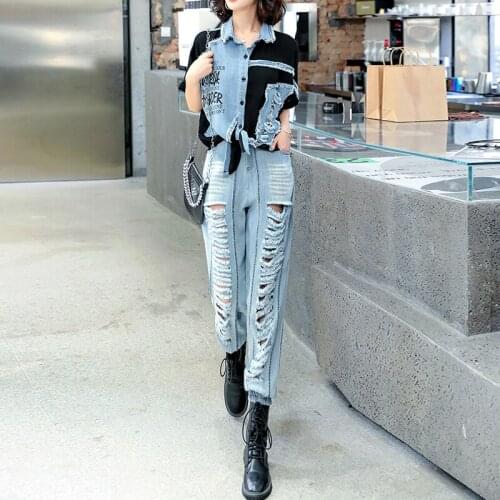 Summer Spliced Denim Print Short Sleeve Shirt 2 Piece Top And Pencil Hole Jeans Pants Suit Women Sets Slim Casual Solid Ladies
