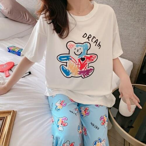 2020 Hot Sale Spring Autumn Women Pajamas Set New Thin Cartoon Printed Female Pyjamas Long Pants Cute Sleepwear Casual Homewear