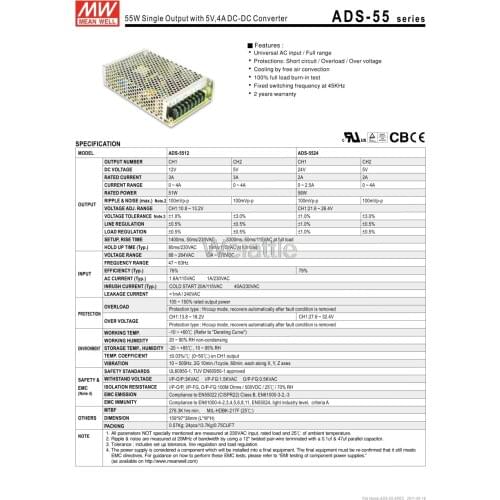 MEAN WELL original ADS-5512 12V meanwell ADS-55 51W Single Output with 5V,4A DC-DC Converter
