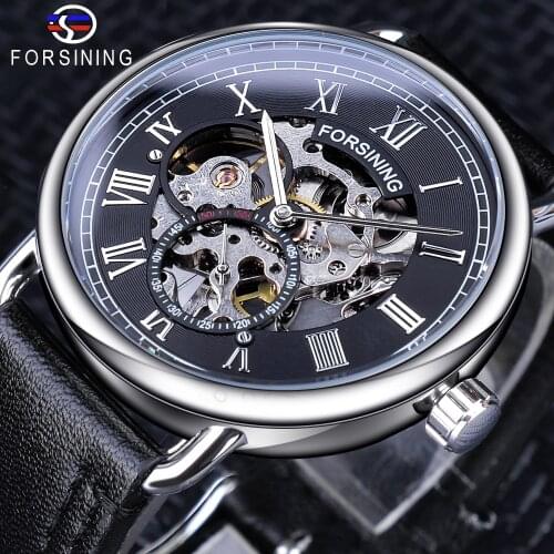 Forsining Silver Case Black Genuine Leather Band Roman Number Waterproof Design Mens Mechanical Watches Top Brand Luxury Clock