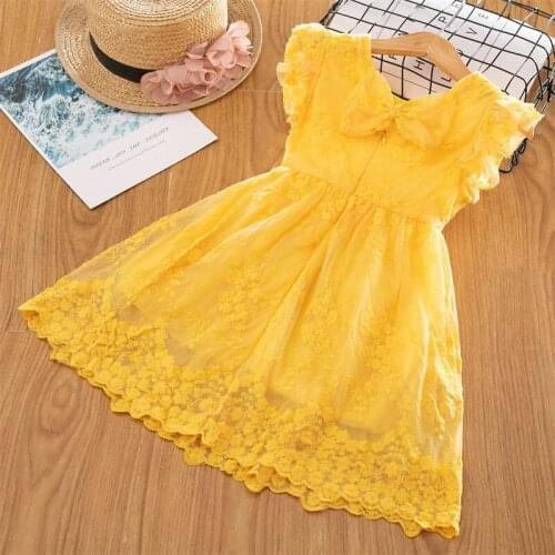 2020 Bow New Girls Dress Lace Sleeveless Summer Dresses for Girl Embroidered Gold Dress Children Clothes Fashion Dress Vestidos